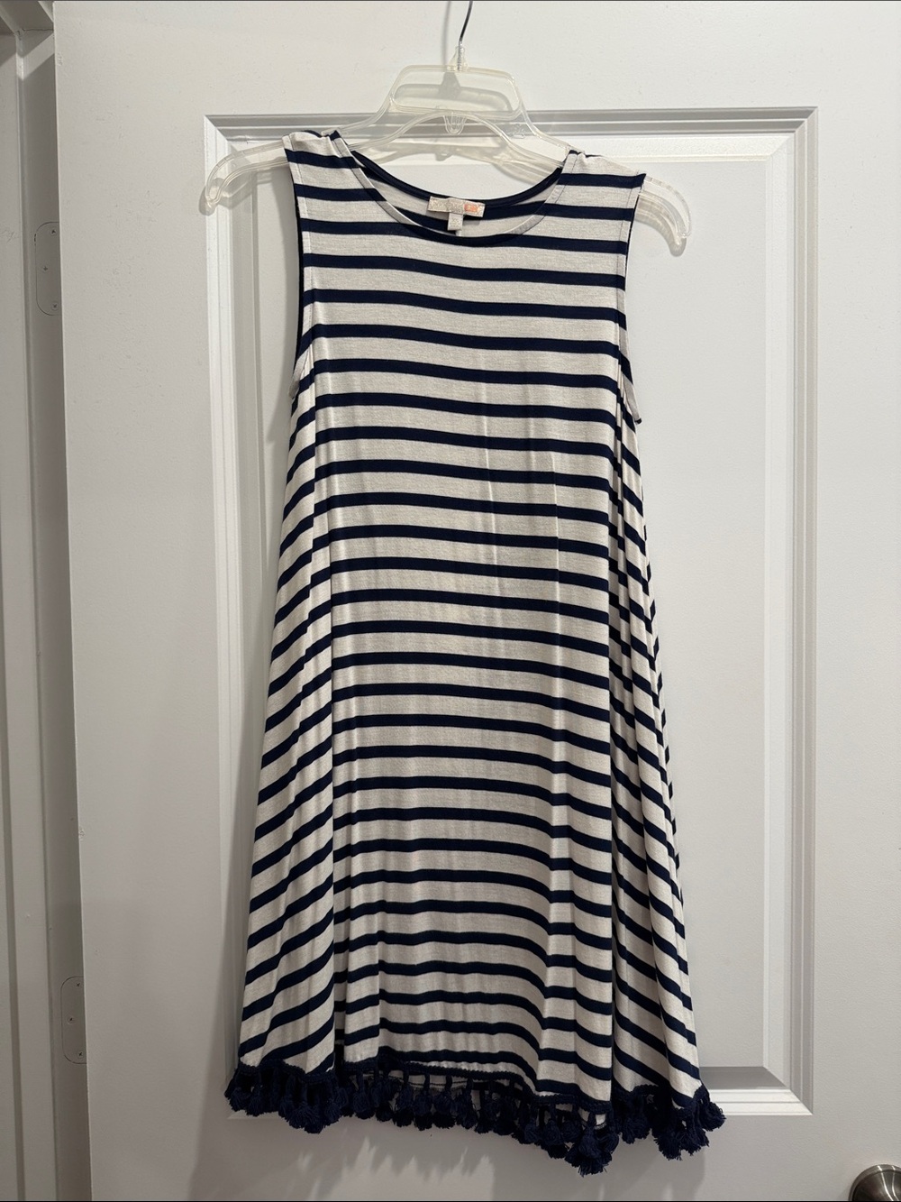 Gianni Bini Navy and White Striped Sleeveless Swing Dress with Tassel Hem